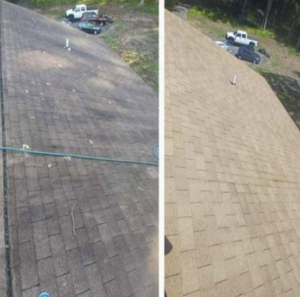 Before and after roof cleaning shows a dark, streaked roof transformed to clean shingles. Protect your roof with professional cleaning to remove stains and restore its original color.